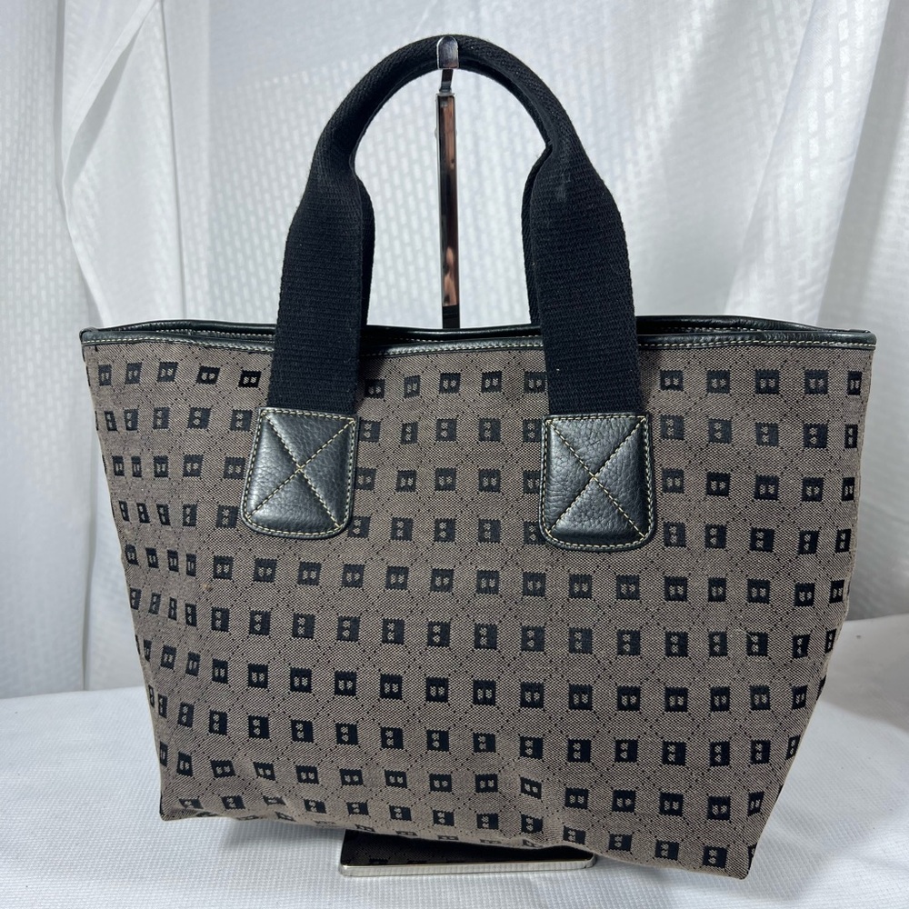 3155: Bally B Logo Jacquard Black Leather Tote Bag